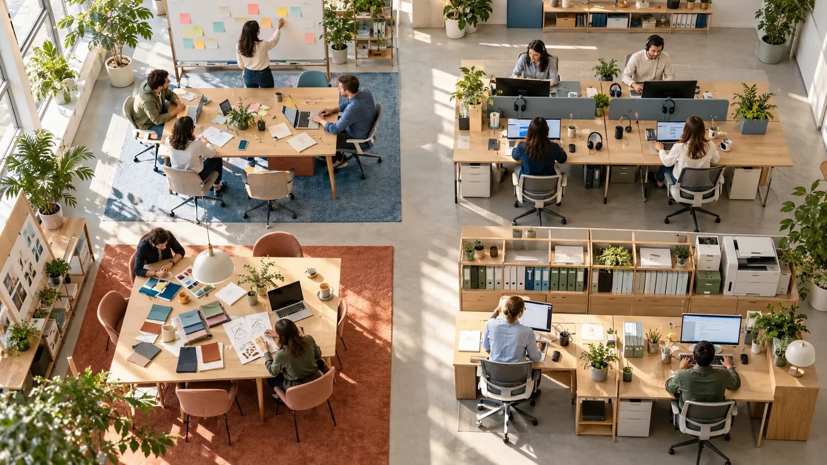 Overhead view of differently arranged team work areas in the same office