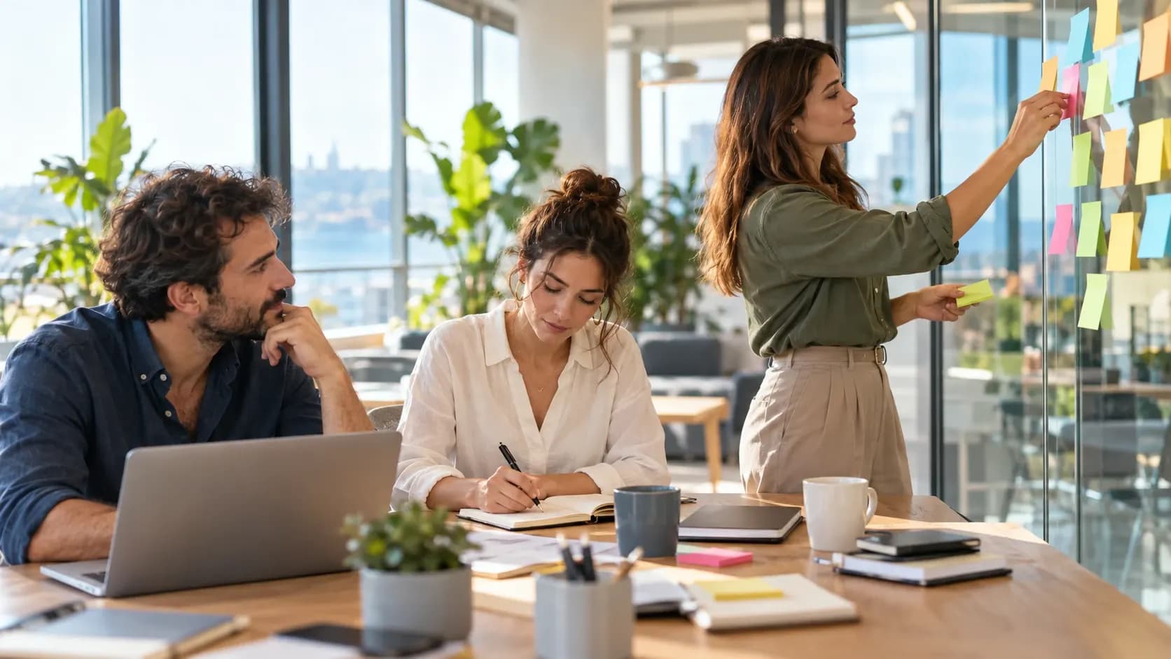 An HR team planning survey goals at a meeting table with sticky notes and a laptop