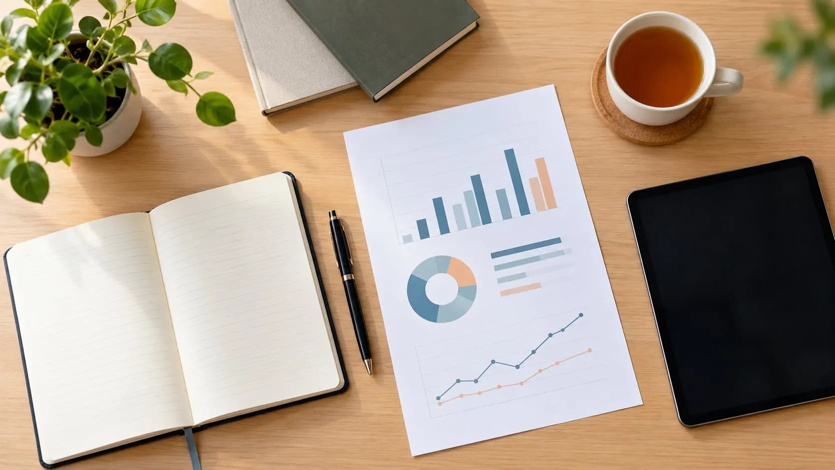 An open notebook, pen, tablet, cup of tea and a survey report with charts on a wooden desk