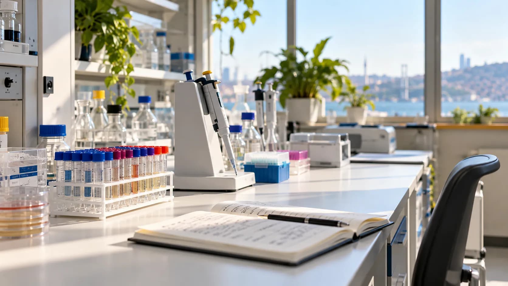 Labeled sample tubes on a tidy bench in a bright laboratory, with plants on the window sill