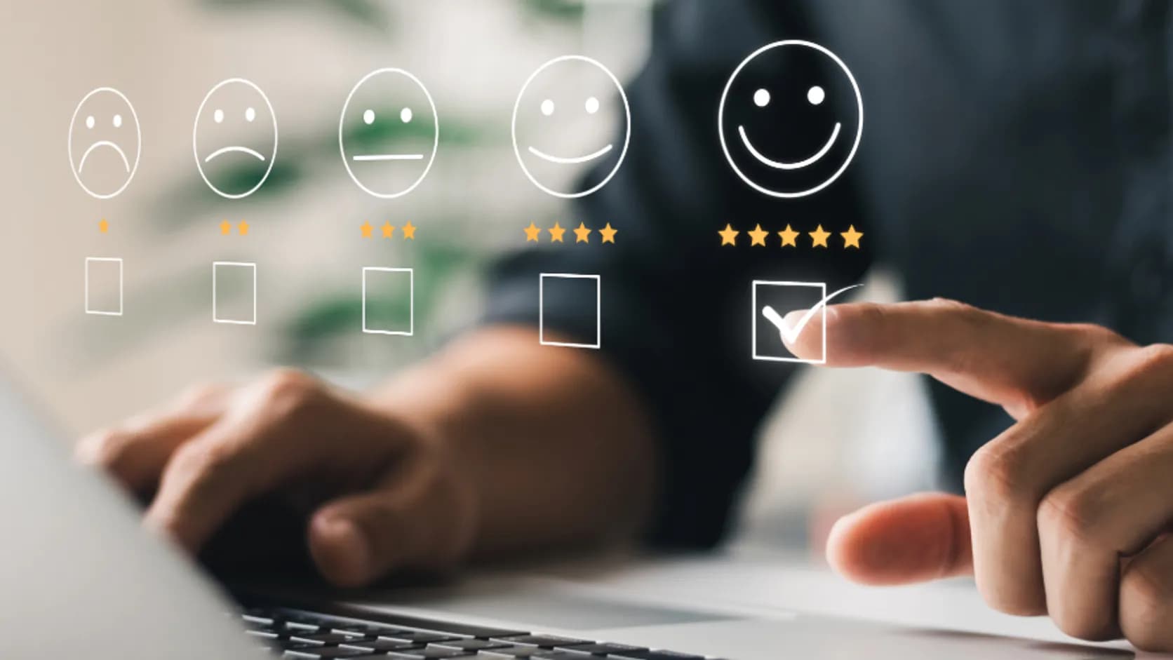 A hand at a laptop ticking the box under the happiest face on a scale running from sad to happy
