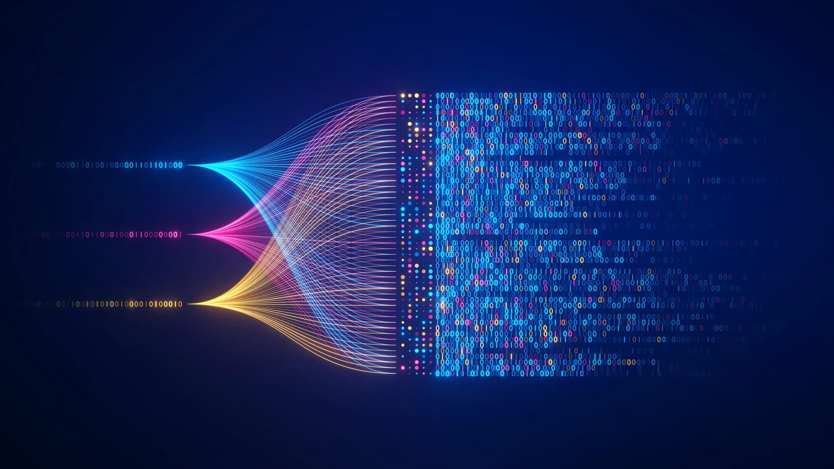 Abstract data visual of three colored streams branching into many lines and turning into rows of digits