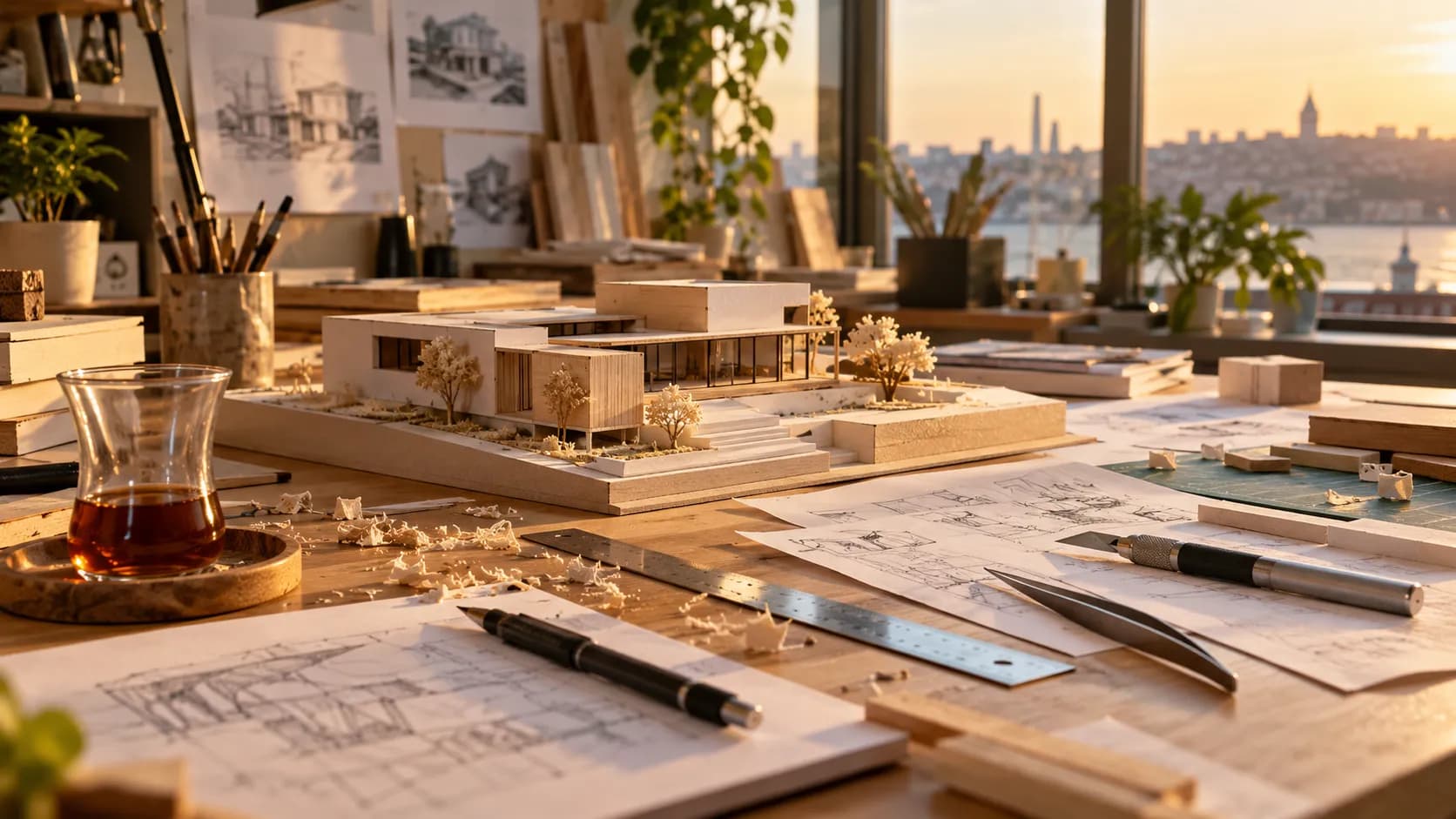 A detailed, half-finished architectural model among tools and sketches on a workshop bench
