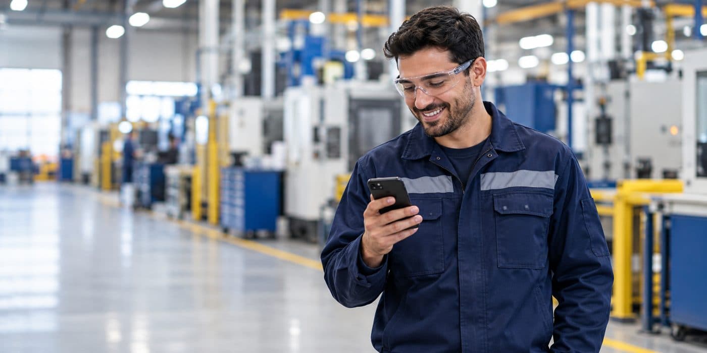 Fabrikada telefonundan ankete katılan üretim çalışanı