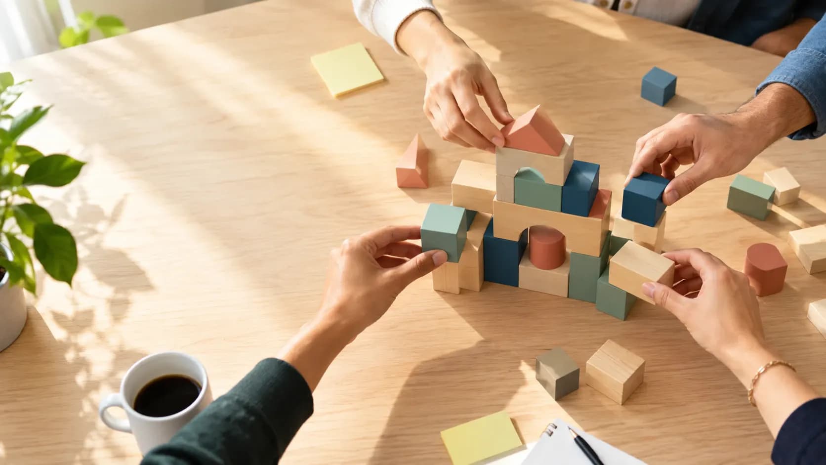 Hands building a single structure from building blocks of different colors around a shared table