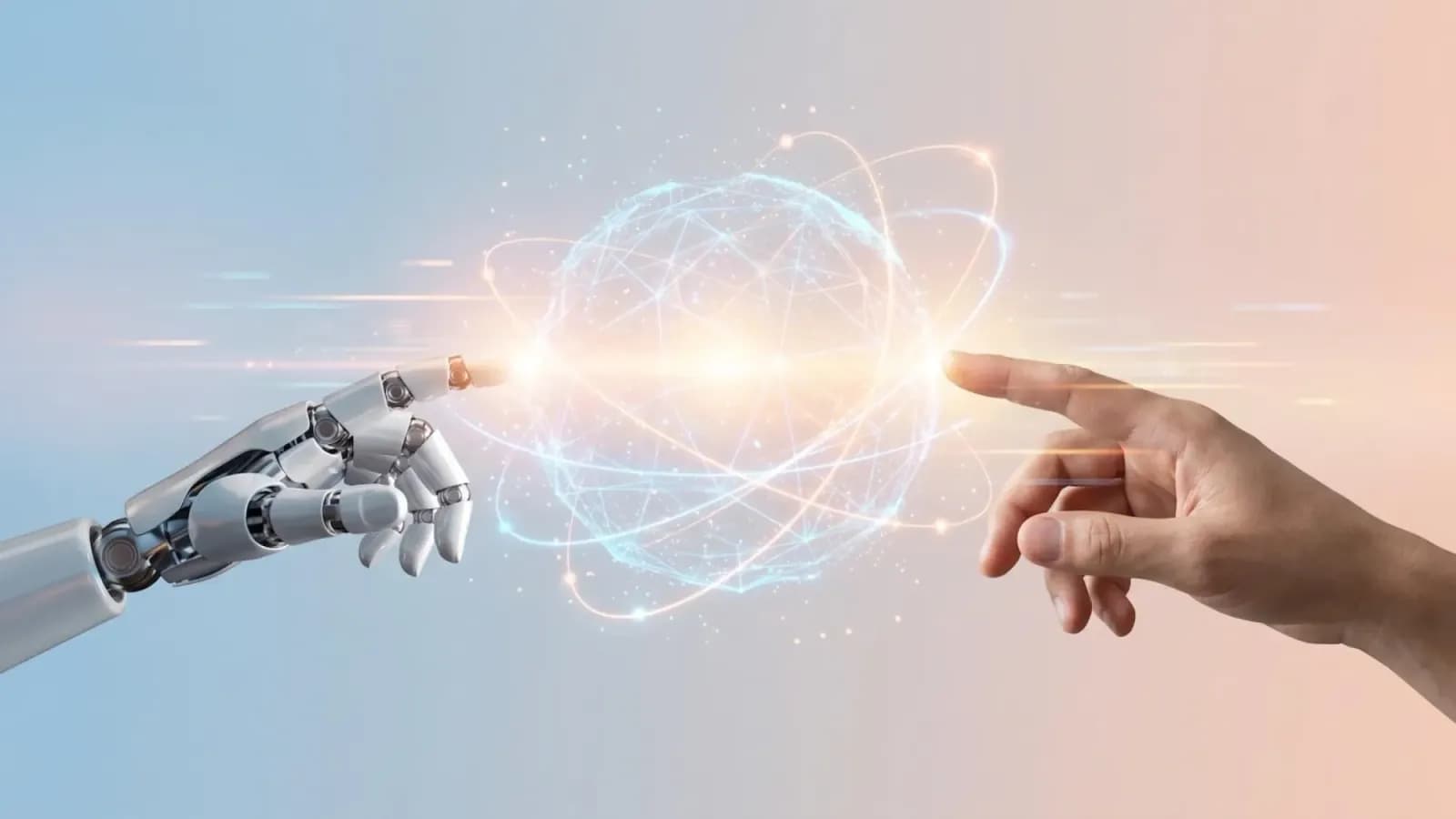 A robotic hand and a human hand reaching toward a glowing digital network sphere between them